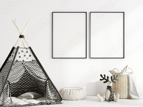 frame mockup in scandinian style children's room with toys and wigwam photo