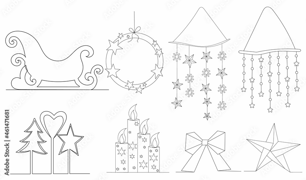 christmas symbols line drawing, on white background, vector