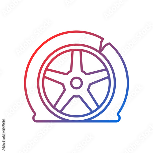 Tyre damage gradient linear vector icon. Vehicle accident. Car tire defects. Bad road conditions. Tire blowout. Thin line color symbol. Modern style pictogram. Vector isolated outline drawing