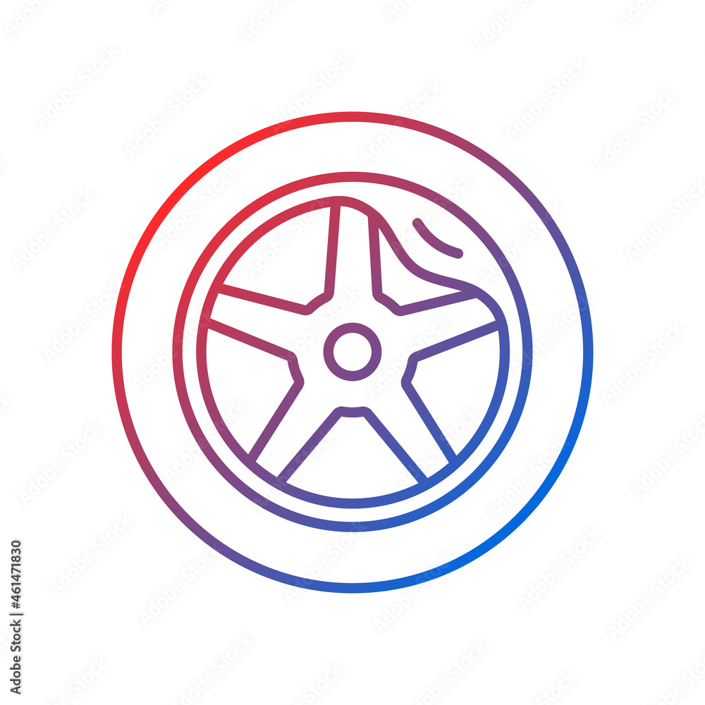 Wheel damage gradient linear vector icon. Collision damaged vehicle. Driving on cracked rim. Uneven wear in tires. Thin line color symbol. Modern style pictogram. Vector isolated outline drawing Wheel damage gradient linear vector icon. Collision damaged vehicle. Driving on cracked rim. Uneven wear in tires. Thin line color symbol. Modern style pictogram. Vector isolated outline drawing