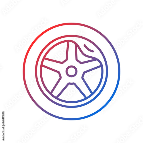 Wheel damage gradient linear vector icon. Collision damaged vehicle. Driving on cracked rim. Uneven wear in tires. Thin line color symbol. Modern style pictogram. Vector isolated outline drawing