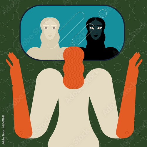 Psychological concept of split personality, bipolar disorder, and divided self. Person with conflicting inner voices of subpersonalities. Vector illustration flat design. 