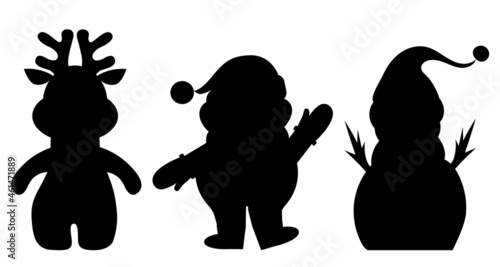 deer, santa, snowman black silhouette, on a white background
