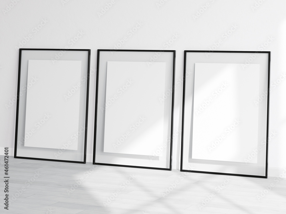 Three black frames mockup with glass border, poster mockup, print mockup, gallery mockup, minimalist mockup, 3d render Three black frames mockup with glass border, poster mockup, print mockup, gallery mockup, minimalist mockup, 3d render