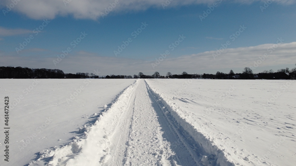 Straight snowed in road through snowy fields