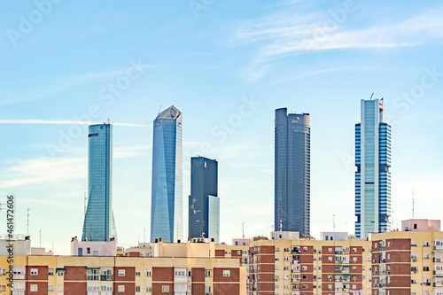 MADRID, SPAIN - OCTOBER 7, 2021. Skyscrapers of the city of Madrid (the 5 towers) of the financial complex of the capital, in Spain. Europe. Horizontal photography.