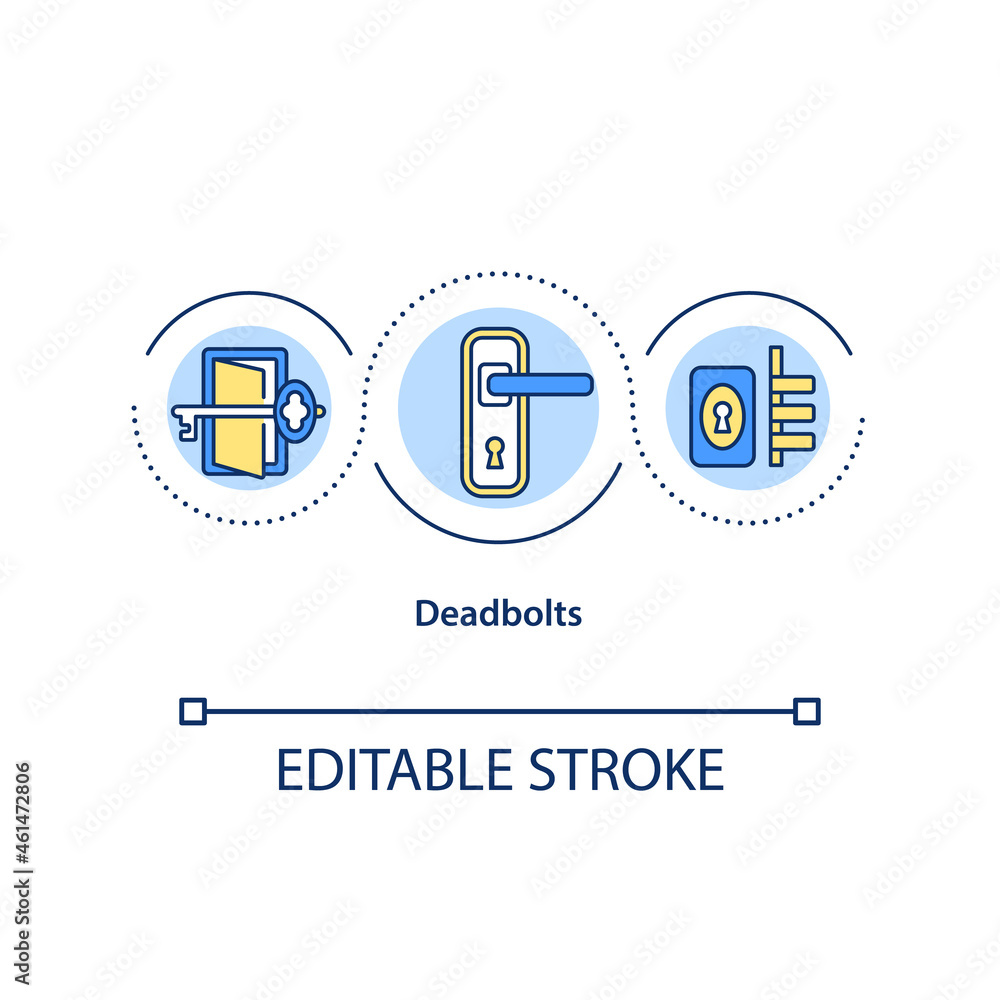Deadbolts concept icon. Locking mechanism abstract idea thin line illustration. Home security and robbery prevention. Safety tool. Vector isolated outline color drawing. Editable stroke Deadbolts concept icon. Locking mechanism abstract idea thin line illustration. Home security and robbery prevention. Safety tool. Vector isolated outline color drawing. Editable stroke