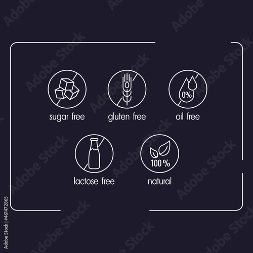 Set of icons Gluten Free, Sugar free, Oil Free, Lactose Free and 100% Natural vector icons