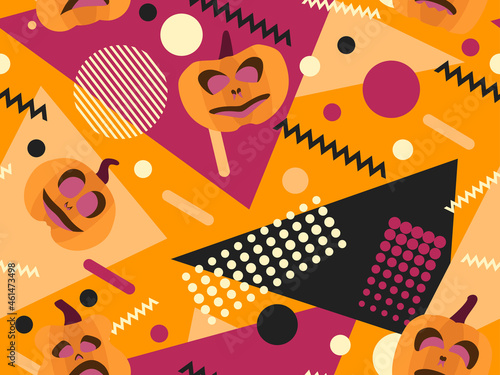 Geometric shapes with pumpkins. Halloween seamless pattern in memphis style 80s. Background for printing on paper, advertising materials and fabric. Vector illustration