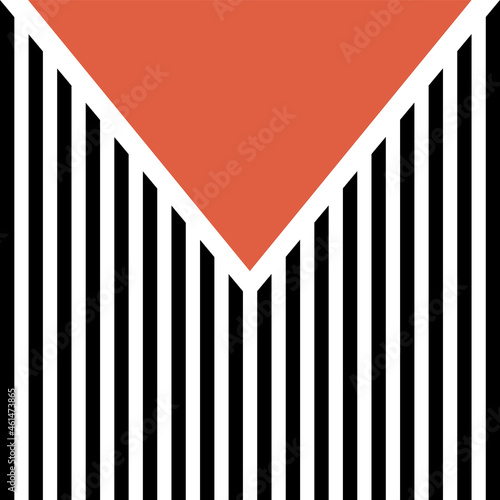 Abstract geometrical illustration with orange and white triangles on striped black and white background