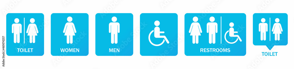 Different icons for restroom, Toilet, wc signs. Men, Woman, People with disability, Shower, Child. Vector flat design Different icons for restroom, Toilet, wc signs. Men, Woman, People with disability, Shower, Child. Vector flat design