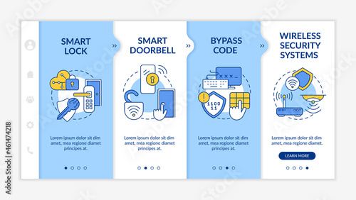 Digital security system onboarding vector template. Responsive mobile website with icons. Web page walkthrough 4 step screens. Wireless home safety system color concept with linear illustrations