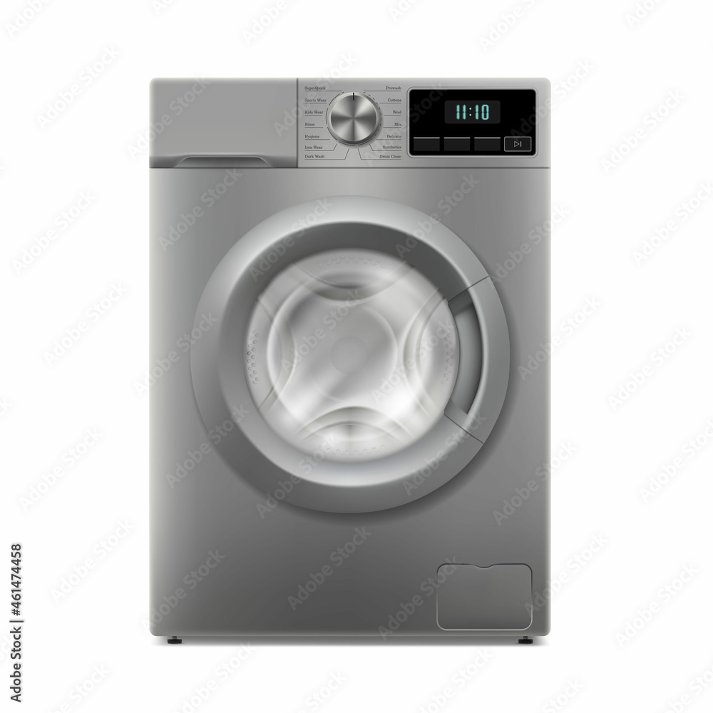 Washing machine isolated on white background. Front view, close-up. Realistic domestic electronic device. 3D household appliances for cleaning laundry at home. Vector modern housework equipment Washing machine isolated on white background. Front view, close-up. Realistic domestic electronic device. 3D household appliances for cleaning laundry at home. Vector modern housework equipment