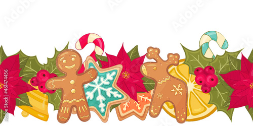 Seamless Colorful Christmas Border Vector Isolated on white background. Border featuring a Gingerbread man  reindeer  candy cane and Christmas floral decoration.