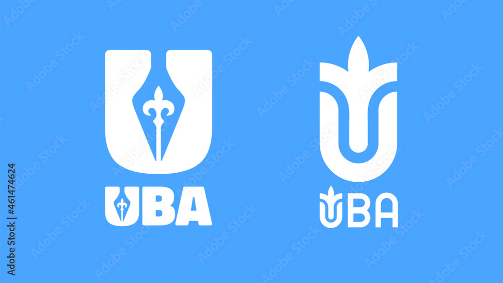 Logo with the letter 'U'. Logo elements: patterns in the form of a plant, a pen, a bulb, education. Three options. Vector 