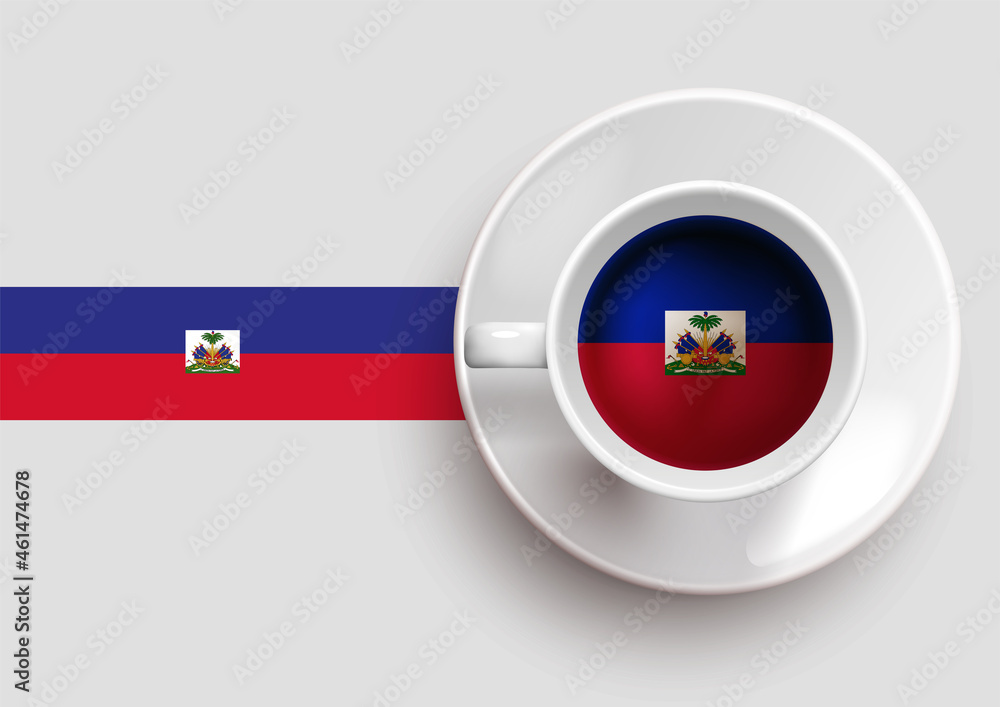 Haiti flag with a tasty coffee cup on top view and a gradient background. Hot beverage with Haiti flag, vector illustration.