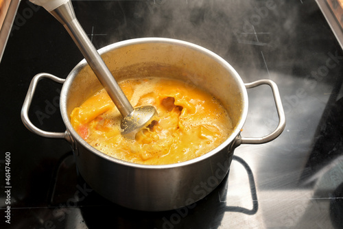 Photos Vegetarian vegetable soup from Hokkaido or red kuri squash is pureed with an imm