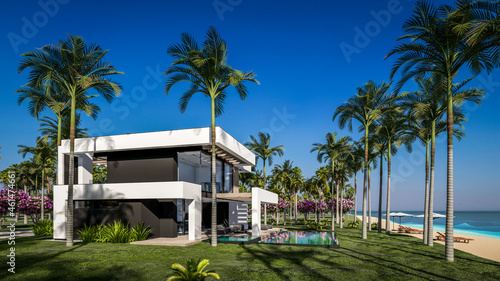 3d rendering of modern cozy house with pool and parking for sale or rent in luxurious style by the sea or ocean. Sunny day by the azure coast with palm trees and flowers in tropical island © korisbo