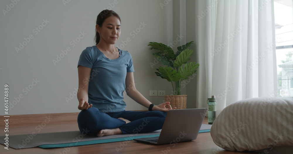 Asia people sport woman enjoy study happy watch live video sit on yoga mat at cozy home floor indoor easy zen class. Body calm life stress relax asana lotus pose in laptop self learn online media. Asia people sport woman enjoy study happy watch live video sit on yoga mat at cozy home floor indoor easy zen class. Body calm life stress relax asana lotus pose in laptop self learn online media.