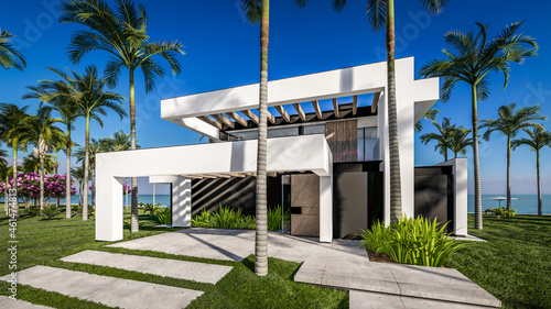 3d rendering of modern cozy house with pool and parking for sale or rent in luxurious style by the sea or ocean. Sunny day by the azure coast with palm trees and flowers in tropical island