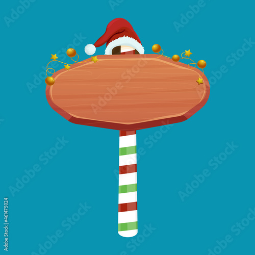 Christmas wooden signboard, road sign on striped stick with Santa hat and gold garland, empty frame in cartoon style isolated on white background. Holiday decoration. Ui game asset.