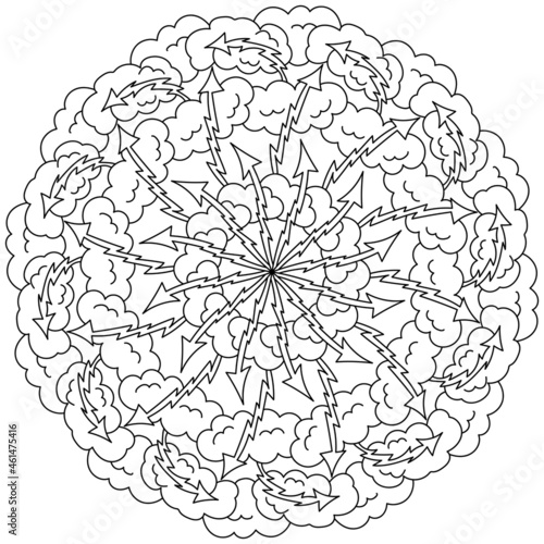 Contour mandala of thunderclouds with lightning, meditative coloring page with arrows