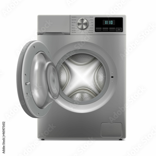 Washing machine isolated on white background. Front view, close-up. 3d realistic washing machine. The door opened. Home electronic device, household appliances for washing clothes at home.