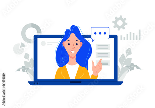 Webinar concept. A young woman teaching on laptop screen. Vector illustration distance education.