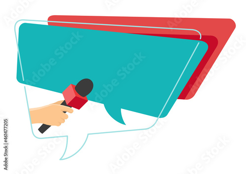 Hand holding microphone with speech bubble frame