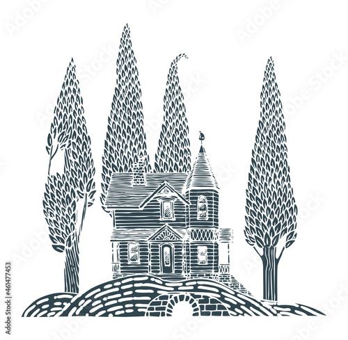 Decorative landscape with a log country two-story house and slender trees on a hill. Monochrome vector illustration, etching or stencil in cartoon style. Beautiful old building and cypresses