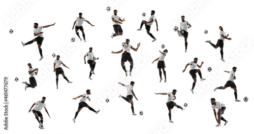 Collage made of shots of one african professional football soccer player with ball in motion, action isolated on white studio background.