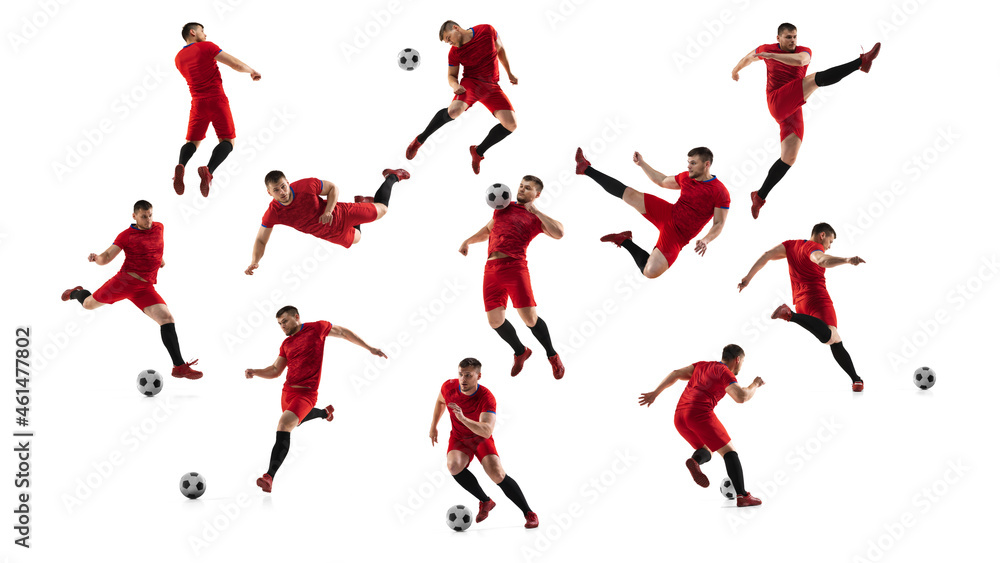 Collage made of shots of one professional football soccer player with ball in motion, action isolated on white studio background. - obrazy, fototapety, plakaty 