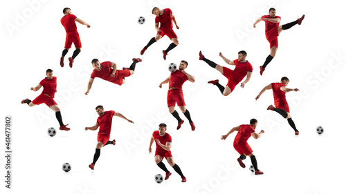 Collage made of shots of one professional football soccer player with ball in motion, action isolated on white studio background. © master1305