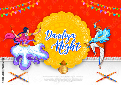 Dandiya in disco Garba Night banner poster for Navratri Dussehra festival of India