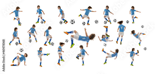 Collage made of shots of one little boy, football soccer player with ball in motion, action isolated on white studio background.