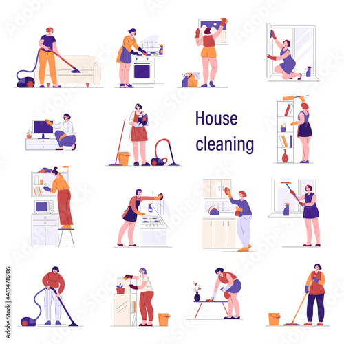Housewives are cleaning the living room kitchen. Set of vector illustrations in flat style.