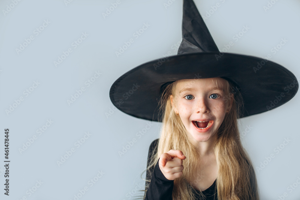 Halloween party, happy cheerful caucasain blondie girl in witch costume 	