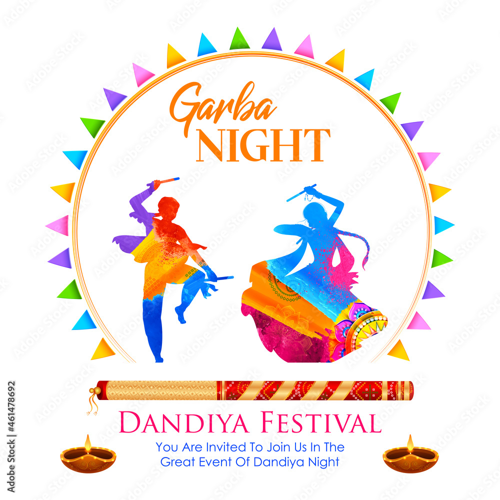 Dandiya in disco Garba Night banner poster for Navratri Dussehra festival of India Dandiya in disco Garba Night banner poster for Navratri Dussehra festival of India