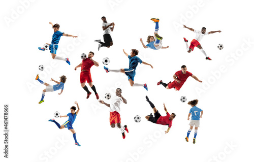 Collage made of professional football soccer players with ball in motion, action isolated on white studio background.