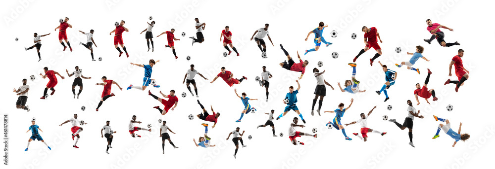 Collage made of professional football soccer players with ball in motion, action isolated on white studio background. - obrazy, fototapety, plakaty 