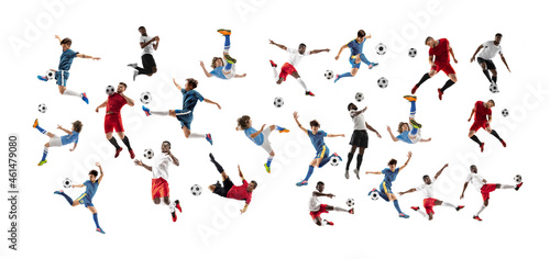 Collage made of professional football soccer players with ball in motion, action isolated on white studio background. © master1305