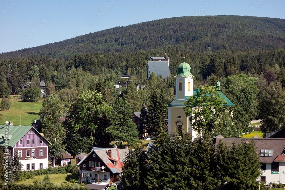 Landscape of Harrachov town with The Kostel sv. Vaclava church