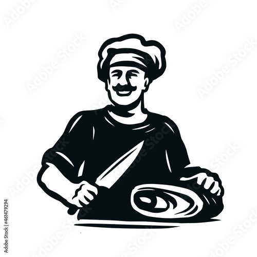 Butcher with knife and meat cuts. Food concept vector illustration