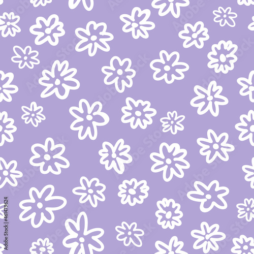 Doodled ditsy daisy seamless repeat pattern on lavender background. Random placed  vector hippie flowers all over surface print.