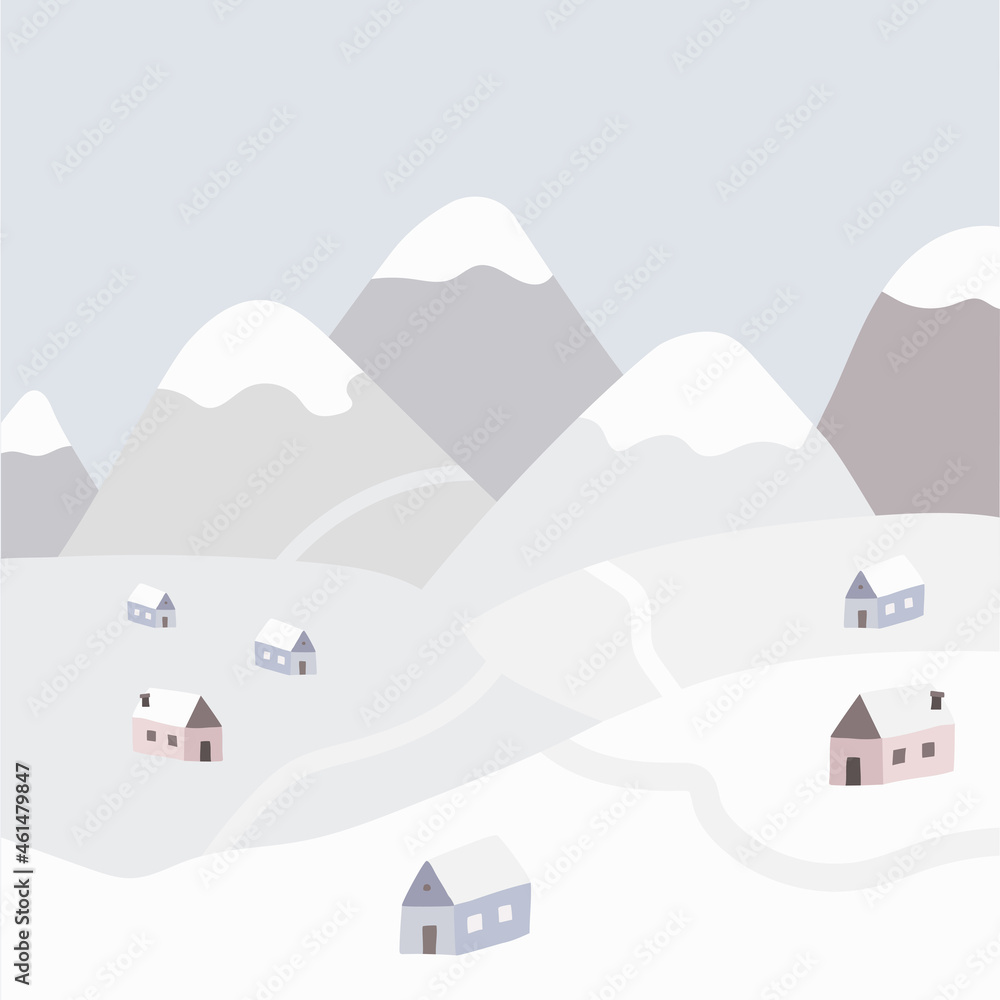 Winter landscape snow-covered mountains, village, settlement, small town, frost, it's snowing, winter, December, cold, mountains, house build, Christmas mood.