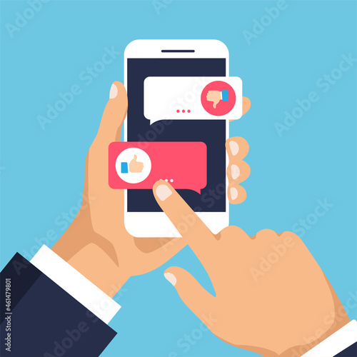 Man choose like or dislike on phone display. Click button thumbs up or thumbs down. Vector illustration.