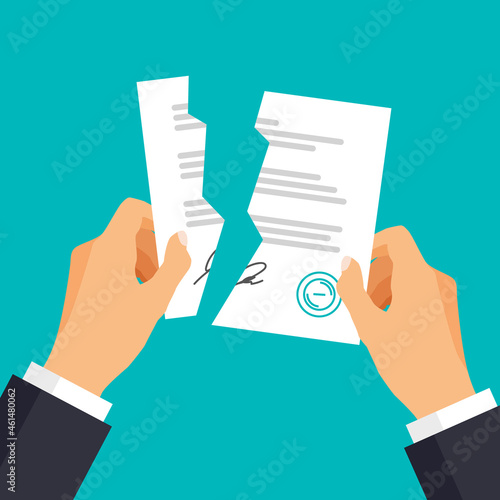 Hand holding broken or torn contract. Crumpled sheets of paper. Deal termination concept. Partnership cancelation. Vector illustration.