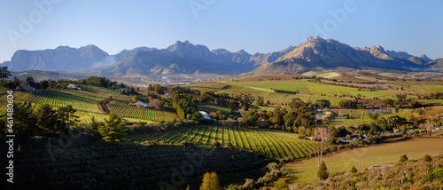 Panoramic view of beautiful vineyards and mountain scenery around Stellenbosch, South Africa. photo