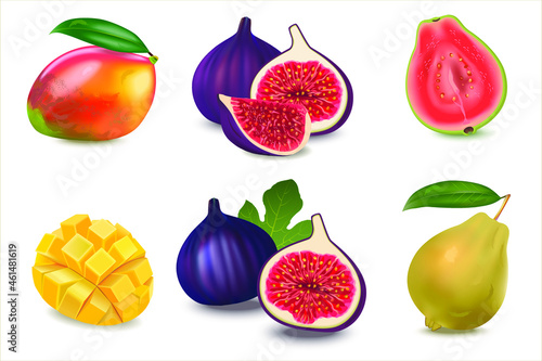 Set of exotic fruits vector realistic illustration isolated on white background. Sliced tropical organic fruit mango  guava  figs. Raw vegetarian food. 3D rendering.
