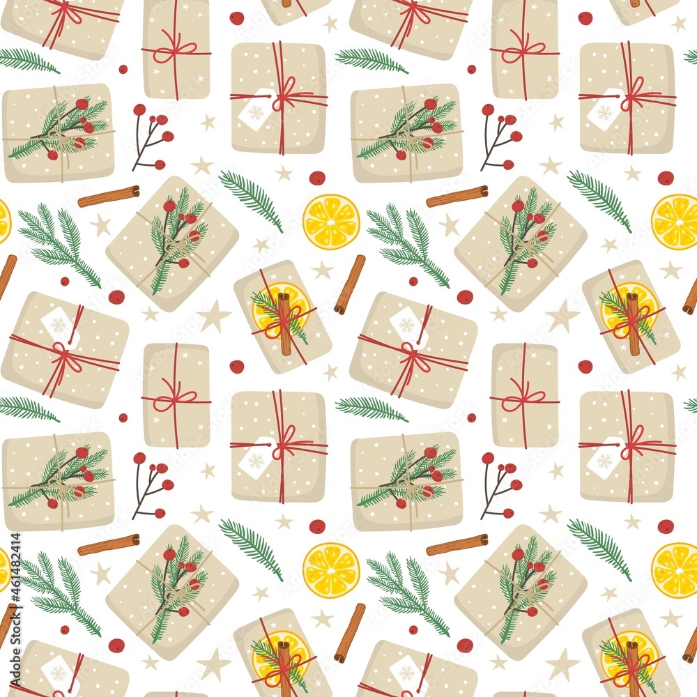 Seamless pattern with Christmas Gift boxes in craft paper with nature decor, spruce twig, cinnamon stick, orange slice. Zero waste Repeated background for textile, wrapping paper, wallpaper. Seamless pattern with Christmas Gift boxes in craft paper with nature decor, spruce twig, cinnamon stick, orange slice. Zero waste Repeated background for textile, wrapping paper, wallpaper.